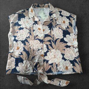 Women’s Black Rainn Floral Button-Up Tie Front Shirt Top Size Large NWT